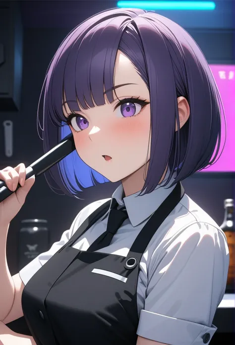 Adult Female, Black purple hair, slanted bob haircut, apathetic, perfect purple eyes, expressive eyes, cyberpunk bar, bartender, bartender uniform, highly detailed, high quality, perfect quality, 8k, cleaning, solid black pupils