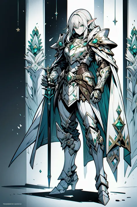 male half elf knight, full body art, silver hair, white skin, emerald iris eye, knight dark metalic color full plate adorned armor, silver cape, perfectly detailed.