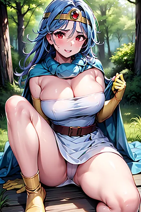 (Very detailed,Highest quality,4K,8K,16K,High resolution,masterpiece:1.2),(Perfect hands,Perfect Legs),(Realistic,photoRealistic,photo-Realistic:1.37),One Woman, Sage, Red eyes, Blue Hair, Long Hair, Ahoge, Circlet, White Dress, gloves, Blue Cape, Yellow f...