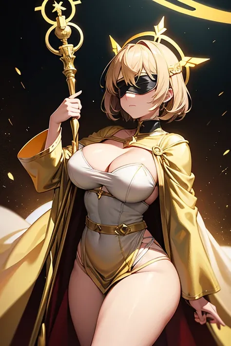 tarot card, 1 girl, Borderland, golden Borderland, gold card, golden tarot card, blindfolded, white blindfolded, father, holding staff, golden halo, thick robes, breasts big, thick-thighs