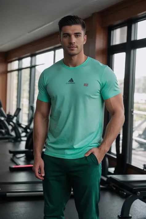 8k uhd, dslr, high quality , RAW photo, Realistic Photography , Full Body, Fujifilm XT3, Canon R5, Handsome Men ,gym, shirt and loose green pants, europen man