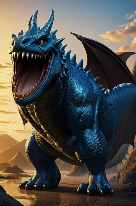 Disney pixar style Huge terrifying dragon with a body covered in thick shiny luscious fur. Sharp teeth. Grin. Scars. Full body view. 