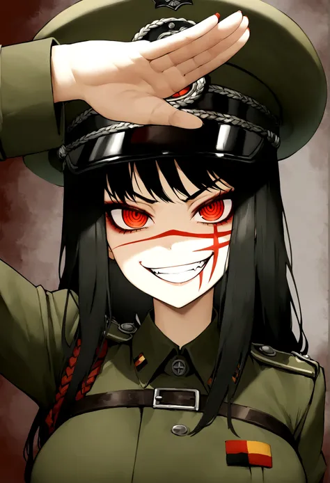 girl, yoru, wwii german military uniform, evil smile, piercing red eyes, ringed eyes, open jacket ,large breast, military hat, m...