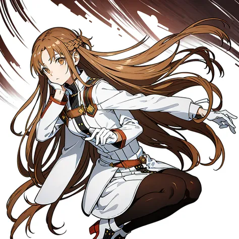 masterpiece, best quality, highres, ccasuna, long hair, brown hair, brown eyes, uniform, jacket, long sleeves, white gloves, belt, red pantyhose, ruins, squatting,