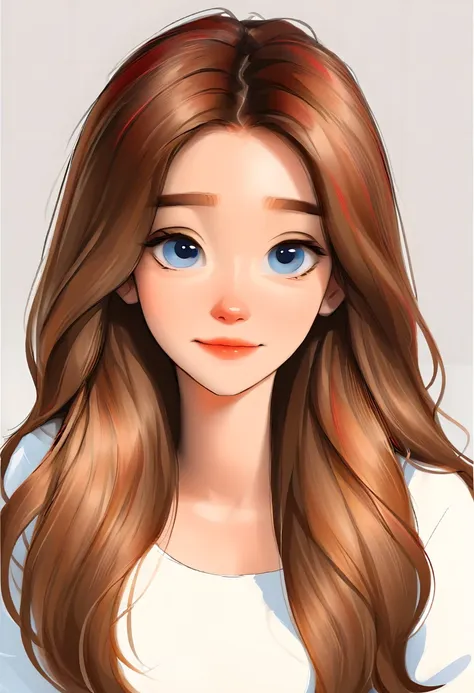 portrait of a cute woman, long hair, light brown hair with red highlights, blue eyes, wearing white, white background, webtoon s...