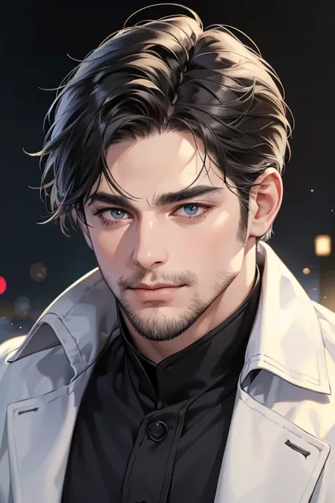 (best quality,4k,8k,highres,masterpiece:1.2),ultra-detailed,(realistic,photorealistic,photo-realistic:1.37),30 year old man,3 day beard,handsome anime,portraits,strong,masculine,dark hair,sharp jawline,mesmerizing eyes,perfectly styled hair,cool anime outf...