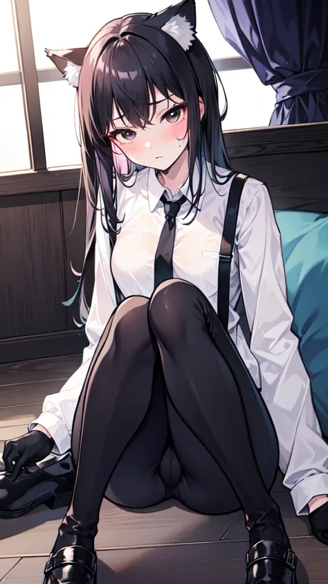 18-year-old Shota，cute，Wear a white long-sleeved shirt and a black work tie，Wear black pants，Wear black booties，Wear white gloves，wear cat ear，Black hair，Black eyes，Handsome，Disdainful and cold expression，shy，blush，Sweating，porn