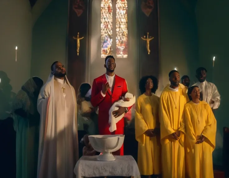 an ultra realistic church altar, gothic style, in front of the pupto in the center we have a black man, holding a newborn baby w...