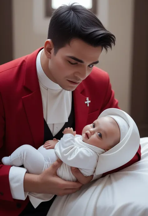 an ultra realistic church altar, gothic style, in front of the pupto in the center we have a black man, holding a newborn baby w...