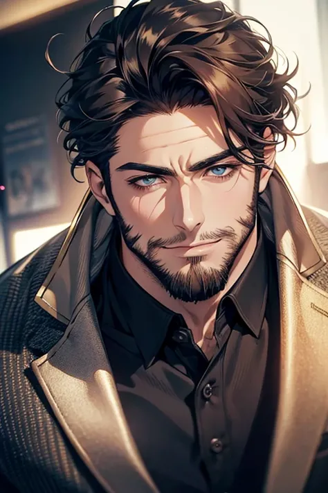 (best quality,4k,8k,highres,masterpiece:1.2),ultra-detailed,(realistic,photorealistic,photo-realistic:1.37),30 year old man,3 day beard,handsome anime,portraits,strong,masculine,dark hair,sharp jawline,mesmerizing eyes,perfectly styled hair,cool anime outf...