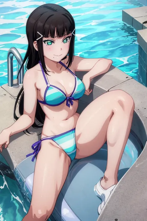 (((pixel-perfect, detail-perfect))), solo, 1girl, dia kurosawa, smile, pool, bikini armpit, medium filesize, ultra High Qality