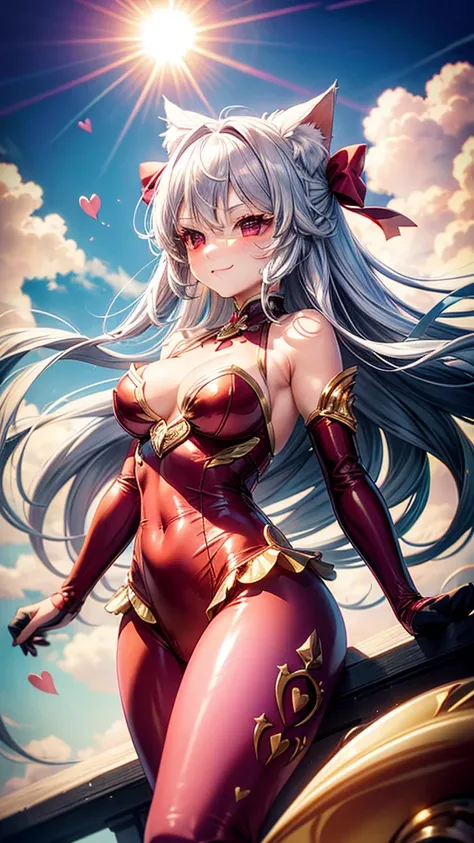 Silver hair, pink eyes, woman, sun and cloud background, red and gold clothes, hair bows, happy face, mermaid outfit, sexy, cat ears, hearts, floating hearts, thigh up, thigh high tights