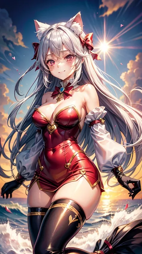 Silver hair, pink eyes, woman, sun and cloud background, red and gold clothes, hair bows, happy face, mermaid outfit, sexy, cat ears, hearts, floating hearts, thigh up, thigh high tights