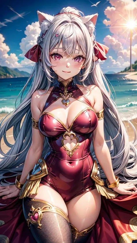 Silver hair, pink eyes, woman, sun and cloud background, red and gold clothes, hair bows, happy face, mermaid outfit, sexy, cat ears, hearts, floating hearts, thigh up, thigh high tights