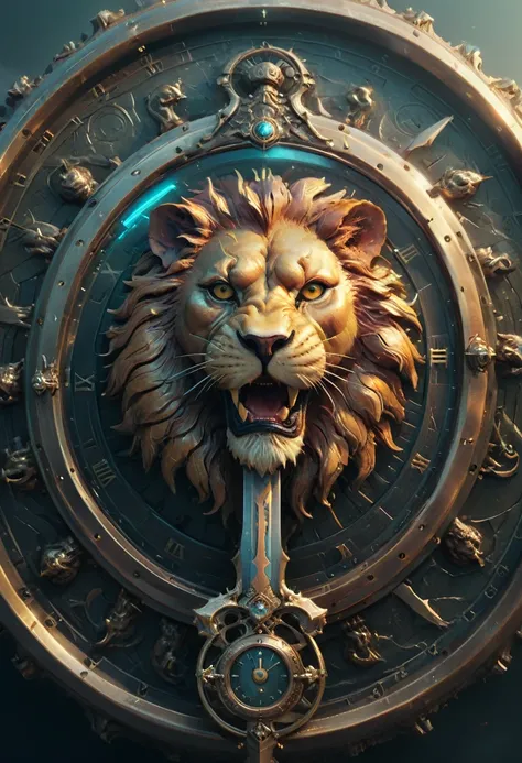 Epic Shield, por Beeple, melhorar, intricate, (best qualityer, work of art, Representative work, offcial art, proffesional, 8K) Flat 2D effects,in the center of the medallion is a sword there is a lion, on the right paw there is a clock, on the left paw, h...