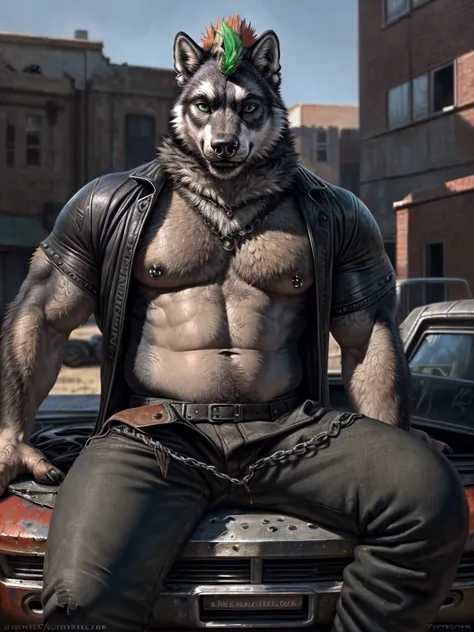 Junkyard setting, recked cars, wolf, husky, canine, punk goth clothing, (black T-shirt) with holes in it, baggy black pants with chains hanging off them, black trenchcoat, sitting on crushed car, muscular, barazoku, evil grin, torn clothing, green Mohawk, ...