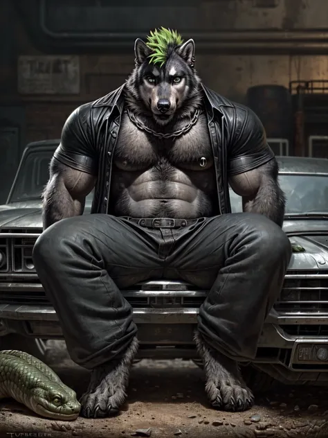 Junkyard setting, recked cars, wolf, husky, canine, punk goth clothing, (black T-shirt) with holes in it, baggy black pants with chains hanging off them, black trenchcoat, sitting on crushed car, muscular, barazoku, evil grin, torn clothing, green Mohawk, ...