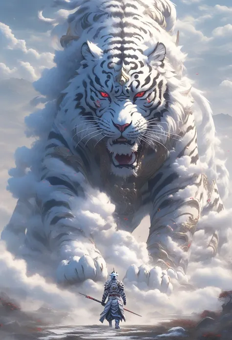 Surrealist art，BJ_sacred_beast, red eyes, outdoor activities, horn, 스카this스카this, this, few days, cloud, Mostly cloudy skies, sight, smog, Mons, white tiger, 1 person, Wearing ancient chinese Armor，chinese_Armor，alone，Standing in front of white tiger，Turn ...