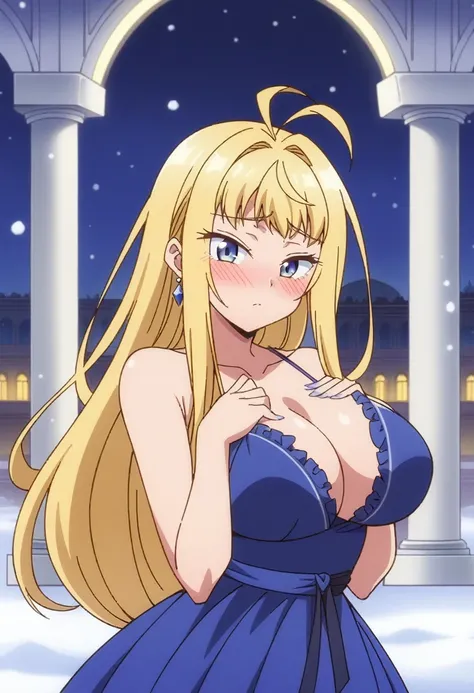 (anime art style), masterpiece, best quality, very aesthetic, absurdres, minamifuyuki, ((1girl)), antenna hair, blonde hair, long hair, sidelocks, ahoge, eyeslashes, blue eyes, large breasts, sexy, cleavage, black high heels, formal dress, frilled dress, j...