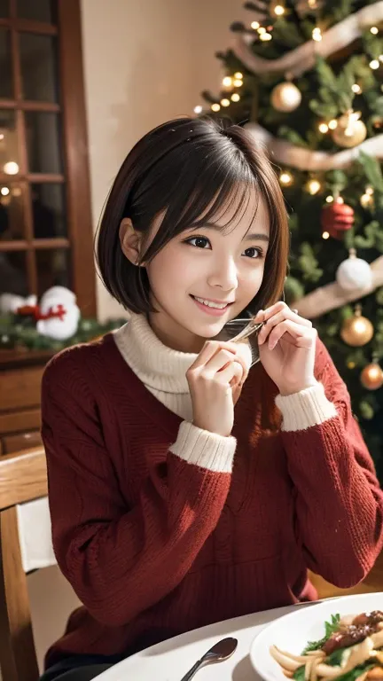 Female college student wearing cute winter clothes、Short Hair、Enjoy a delicious dinner on a warm Christmas evening。Around her、A dining table sparkling with Christmas decorations.、Create a warm atmosphere。Smiling female college student、Holding a fork、people...