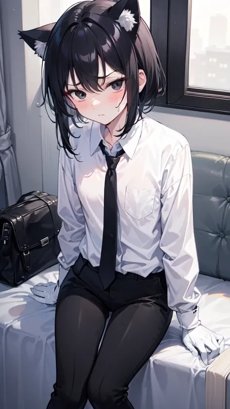 18-year-old Shota，cute，Wear a white long-sleeved shirt and a black work tie，Wear black pants，Wear black booties，Wear white gloves，wear cat ear，Black hair，Black eyes，Handsome，Disdainful and cold expression，shy，blush，Sweating，porn