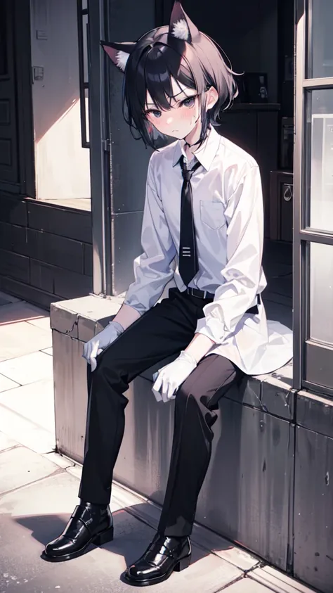 18-year-old Shota，cute，Wear a white long-sleeved shirt and a black work tie，Wear black pants，Wear black booties，Wear white gloves，wear cat ear，Black hair，Black eyes，Handsome，Disdainful and cold expression，shy，blush，Sweating，porn