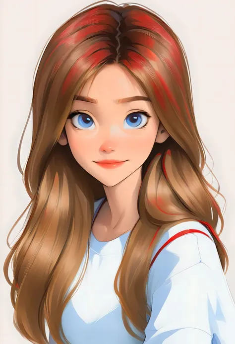 portrait of a cute woman, long hair, light brown hair with red highlights, blue eyes, wearing white, white background, akira tor...