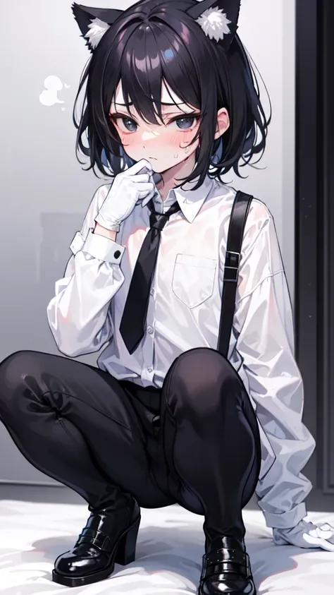 18-year-old Shota，cute，Wear a white long-sleeved shirt and a black work tie，Wear black pants，Wear black booties，Wear white gloves，wear cat ear，Black hair，Black eyes，Handsome，Disdainful and cold expression，shy，blush，Sweating，porn