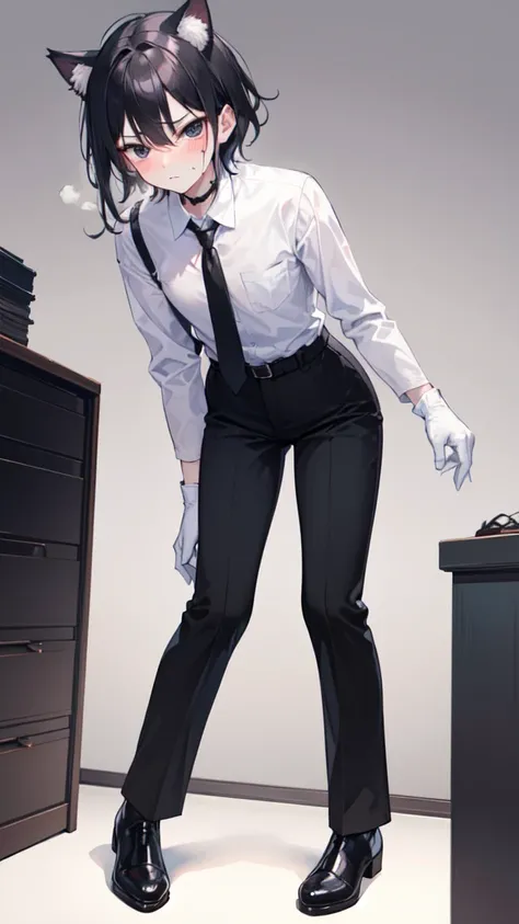 18-year-old Shota，cute，Wear a white long-sleeved shirt and a black work tie，Wear black pants，Wear black booties，Wear white gloves，wear cat ear，Black hair，Black eyes，Handsome，Disdainful and cold expression，shy，blush，Sweating，porn