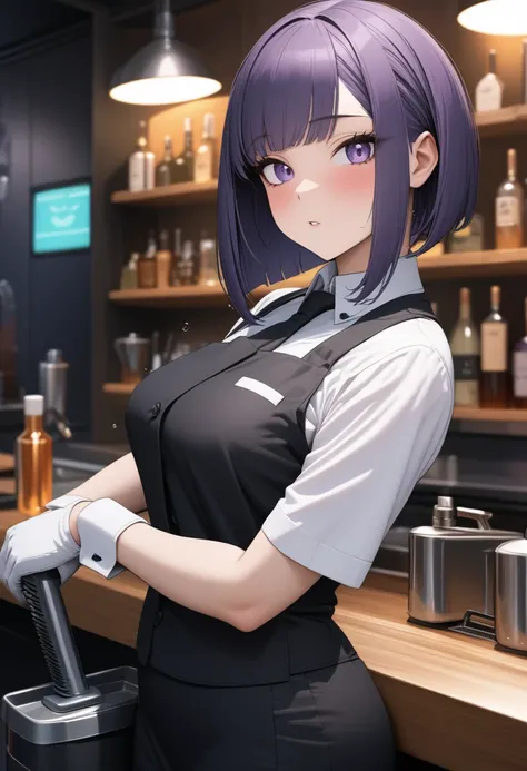 Adult Female, Black purple hair, slanted bob haircut, phlegmatic, apathetic, perfect purple eyes, cyberpunk bar, bartender, bartender uniform, highly detailed, high quality, perfect quality, 8k, cleaning, solid black pupils, highly detailed skin, highly de...