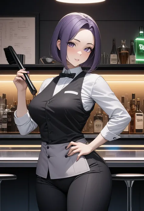 Adult Female, Black purple hair, slanted bob haircut, phlegmatic, medium bust, child-bearing hips, perfect purple eyes, cyberpunk bar, bartender, bartender uniform, highly detailed, high quality, perfect quality, 8k, cleaning, solid black pupils, highly de...