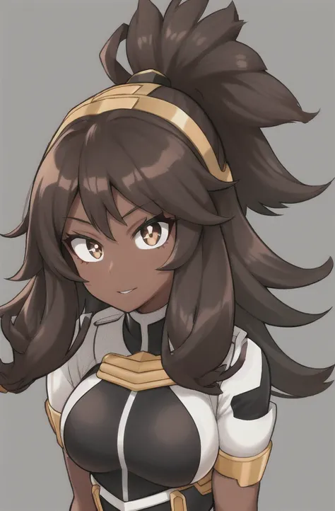 Horikoshi Kouhei, 1 girl, Dark skin, , dark brown hair, borroso background, Boku no hero academia, high resolution, Brown eyes, almond eyes, long hair, afro hair
