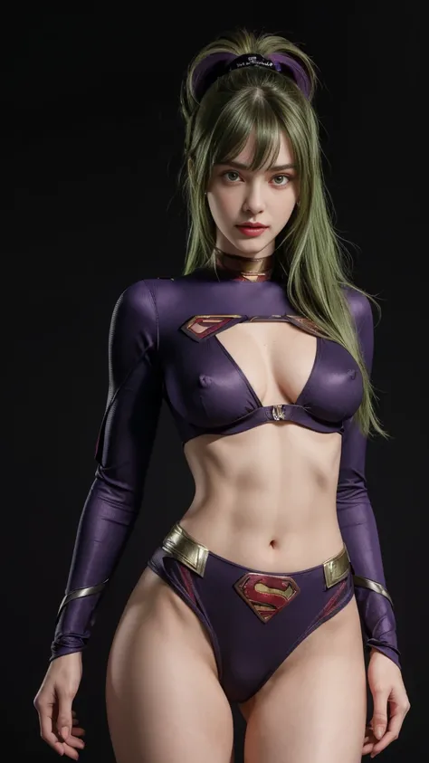 8K, Top Quality, Intricate Details, Ultra Detail, Ultra High Resolution, Masterpiece, close up shot, (full body: 1.1), Slender, Smile, (Makeup: 0.4), (( )), (Fluffy purple Eyes: 1.21), (( )), ((purple eyes)), 1girl, solo, 1 girl, ((green hair, bangs, long ...