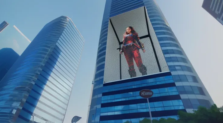 tall buildings with a large picture of a woman on the side of it, giant video screens, giant led screens, giant road sign armor champion, big video statues, digital billboard in the middle, giant red led screens, art masterpiece, digital billboards, hito s...