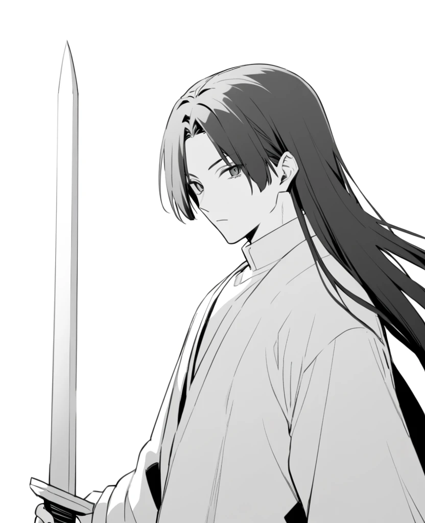 yuto-sano, 1boy, Kaneki, black  hair, unique hairstyle long hair, elegant, monochrome, solo, greyscale, male focus, looking at viewer, holding a sword