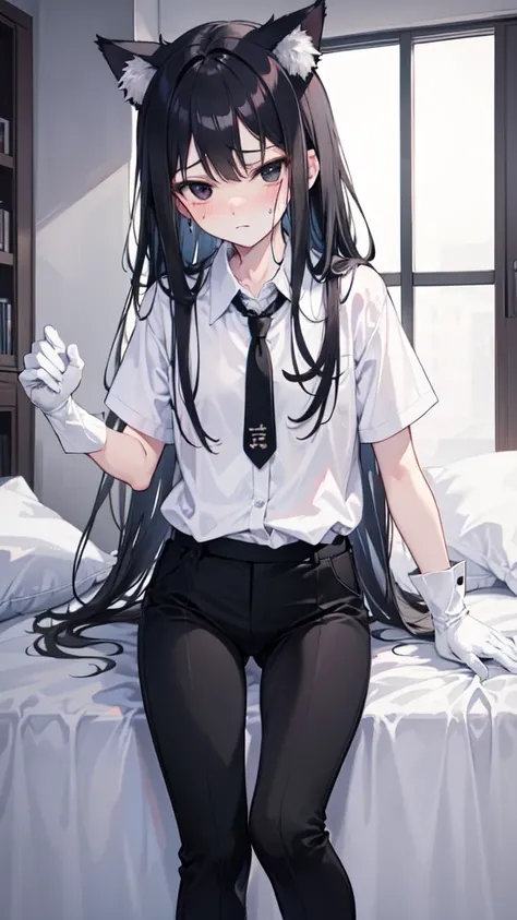 18-year-old Shota，cute，Wear a white short-sleeved shirt and a black work tie，Wear black pants，Wear black booties，Wear white gloves，wear cat ear，Black hair，Black eyes，Handsome，Disdainful and cold expression，shy，blush，Sweating，porn