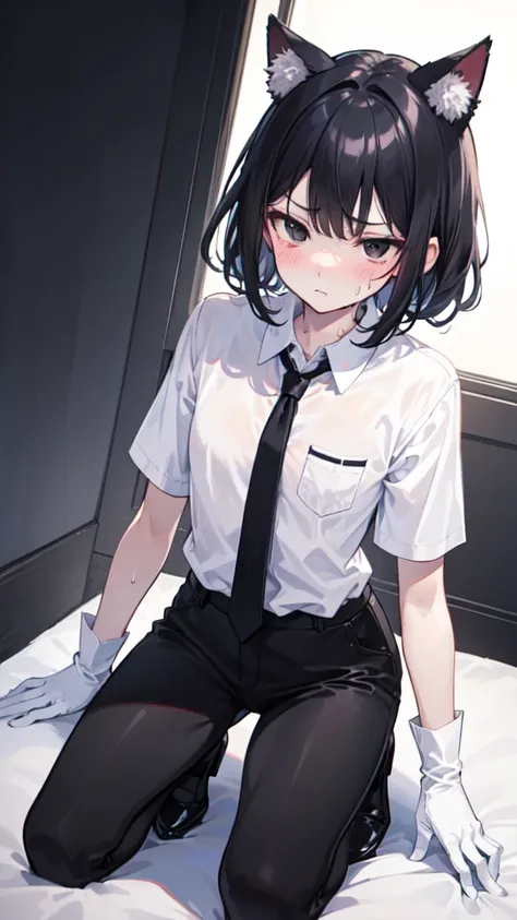 18-year-old Shota，cute，Wear a white short-sleeved shirt and a black work tie，Wear black pants，Wear black booties，Wear white gloves，wear cat ear，Black hair，Black eyes，Handsome，Disdainful and cold expression，shy，blush，Sweating，porn