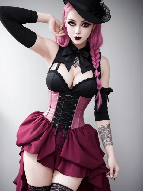 Picture of a goth girl. Fit face. 22 years old, Sharp chin, photography, raw photo, masterpiece, extremely detailed photo, DSLR, photorealistic 1.4, ultra hi res, best quality, pink lips, perfect makeup, full body picture, tall, toned, busty, corset,  sexy...