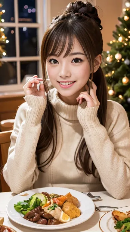 Cute girl in winter clothes、double bun、Enjoy a delicious dinner on a warm Christmas evening。Around her、A dining table sparkling with Christmas decorations.、Create a warm atmosphere。smile:1.1、Holding a fork、people eating special christmas meal々Depicting。.。....