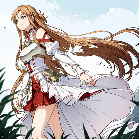 masterpiece, best quality, highres, aaasuna, long hair, brown hair, braid, brown eyes, bare shoulders, armor, breastplate, white sleeves, detached sleeves, red skirt, pleated skirt, white thighhighs, standing, cowboy shot, outdoors, smile,