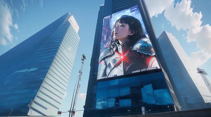 tall buildings with a large picture of a woman on the side of it, giant video screens, giant led screens, giant road sign armor champion, big video statues, digital billboard in the middle, giant red led screens, art masterpiece, digital billboards, hito s...