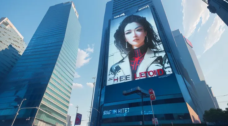 tall buildings with a large picture of a woman on the side of it, giant video screens, giant led screens, giant road sign armor champion, big video statues, digital billboard in the middle, giant red led screens, art masterpiece, digital billboards, hito s...