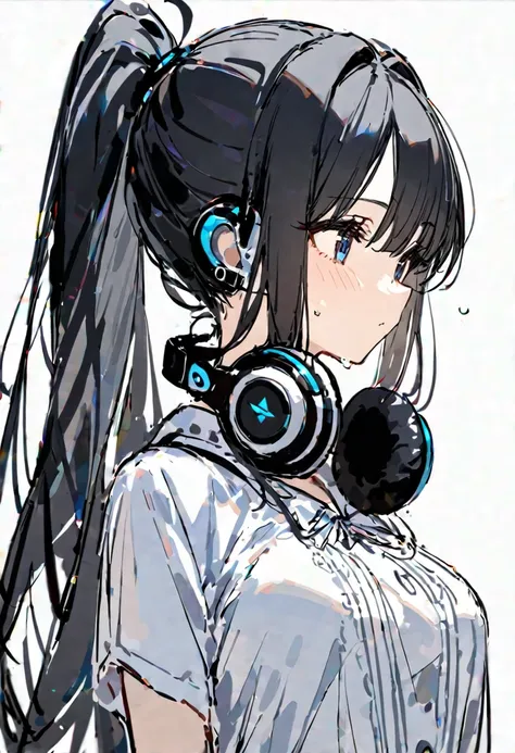 delicate、masterpiece、Highest quality、One Girl、cute、Black Hair、Long Hair、ponytail、Headphones hanging around the neck、White Background、sketch、Look forward、Upper body only