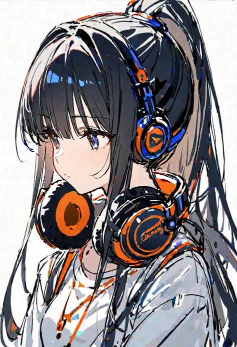 delicate、masterpiece、highest quality、one girl、cute、black hair、long hair、ponytail、headphones hanging around the neck、white backgr...