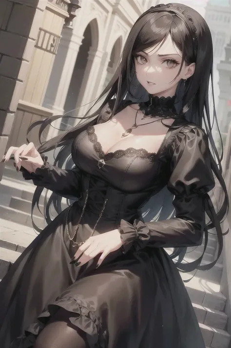 Make a woman with brown eyes, black hair, around her there are gothic details and she is striking like a vampire, she wears a Victorian dress and has a necklace with the letter B