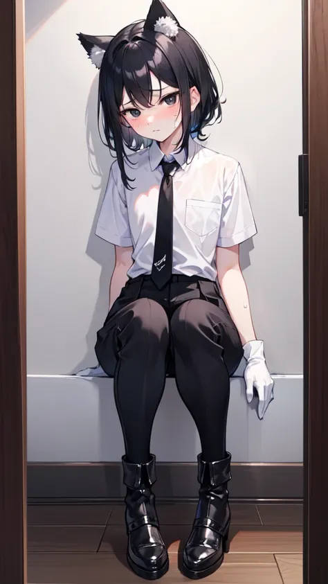 18-year-old Shota，cute，Wear a white short-sleeved shirt and a black work tie，Wear black pants，Wear black booties，Wear white gloves，wear cat ear，Black hair，Black eyes，Handsome，Disdainful and cold expression，shy，blush，Sweating，porn