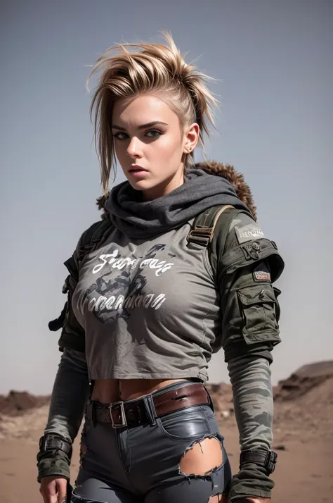 masterpiece, portrait of a beautiful 17-year-old russian girl in a post-apocalyptic desert, punk blonde with short hair, shaved ...