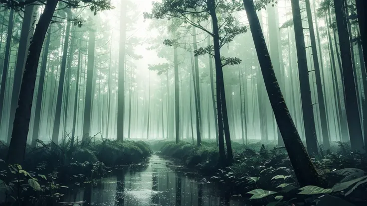 dark wide forest raining at night