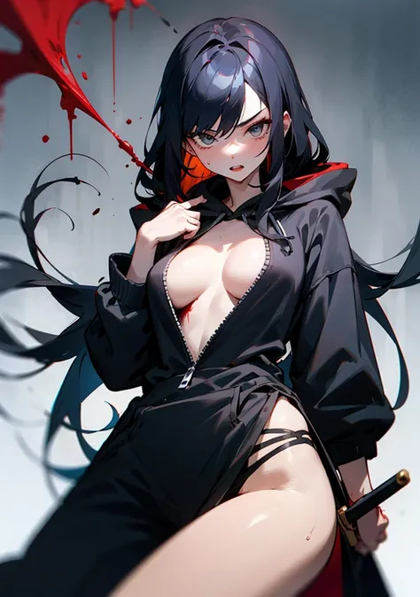 1 girl, black hoodie, long hair, super beautiful, cool, intimidation, black hair, sexy, hot, knife, blood