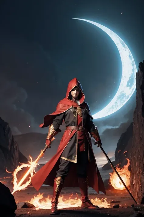 A wizard with a magma staff and a hood and armor, a dragon at his side 